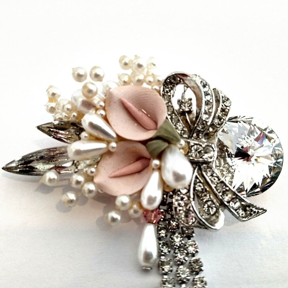 Vintage Handbeaded Brooch Austrian Crystal Floral Special Occasion